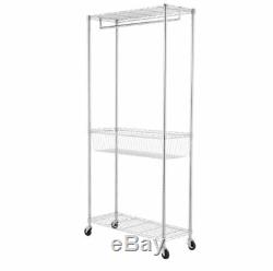 Metal Laundry Basket, Chrome Rolling Clothes/Laundry Storage Station With 2-Shelves
