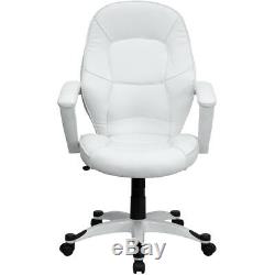 Mid-Back White LeatherSoft Tapered Back Executive Swivel Office Chair Arms