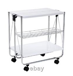 Modern Foldable Kitchen Cart with Wheels and Metal Basket, White/Chrome CRT-0