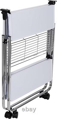 Modern Foldable Kitchen Cart with Wheels and Metal Basket, White/Chrome CRT-0960
