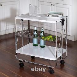 Modern Foldable Kitchen Cart with Wheels and Metal Basket White/Chrome CRT-09606