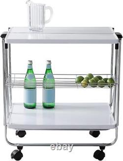 Modern Foldable Kitchen Cart with Wheels and Metal Basket White/Chrome CRT-09606