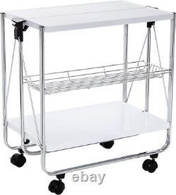 Modern Foldable Kitchen Cart with Wheels and Metal Basket White/Chrome CRT-09606