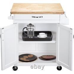 Modern White Kitchen Island Cart with Drawer and Storage Shelves on Wheels