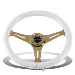 NRG 35cm White Wood Grain Grip Chrome Gold Spoke Steering Wheel withHorn Button