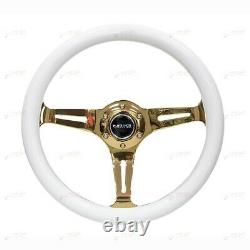 NRG Classic Wood Grain Steering Wheel (350mm) White Grip withChrome Gold 3-Spok