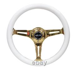 NRG Classic Wood Grain Steering Wheel (350mm) White Grip withChrome Gold 3-Spoke C