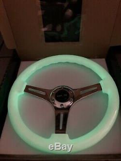 NRG Woodgrain Steering Wheel 350mm Gloss White Glow In The Dark Chrome 3 Spoke