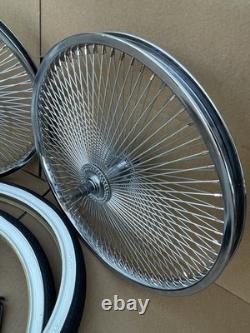 PAIR 20 Vintage Lowrider Bicycle Chrome Wheels Front Back 144 Spoke Tires Tubes