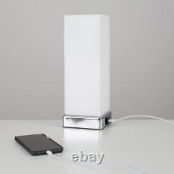Pair of Modern Chrome & White Frosted Glass Bedside Touch Table Lamps with USB