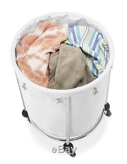 Round Rolling Laundry Basket Commercial Hamper with Wheels White Chrome