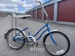 Schwinn Blue & White Bicycle 20 Wheels Banana Seat Chrome Fenders Vintage Style