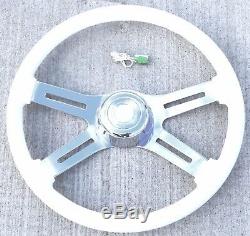 Steering Wheel 4 Spoke withSlots Classic White 18 Wood Rim Chrome Bezel 3 Hole