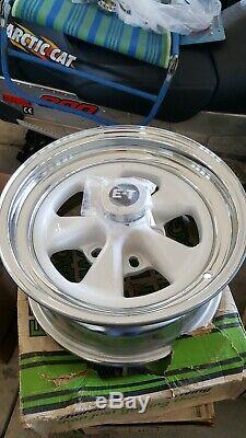 Vintage ET Mags wheels 5 spoke NOS White, chrome, uni lug 15x7 5x4.5 or 5x4.75