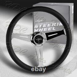 W-Power 14 Black Leather White Stitch 6-Hole Spoke Chrome Center Steering Wheel