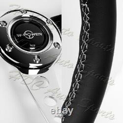 W-Power 14 Black Leather White Stitch 6-Hole Spoke Chrome Center Steering Wheel