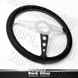 W-Power 14 Chrome Center 6-Hole Steering Wheel BLK Leather White Stitch 3-Spoke