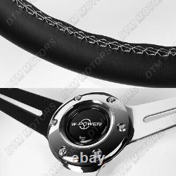 W-Power 350MM Black Leather White Stitch Chrome Spoke 2Deep Dish Steering Wheel