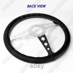 W-Power 350MM Black Leather White Stitch Chrome Spoke 2Deep Dish Steering Wheel