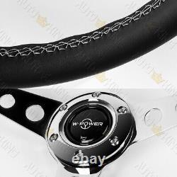 W-power 14 Black Leather White Stitch 6-hole Spoke Chrome Center Steering Wheel