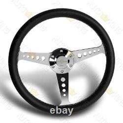 W-power 350mm Black Leather White Stitch 6-hole Chrome Spoke 14 Steering Wheel