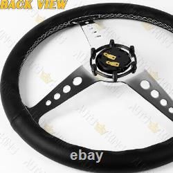 W-power 350mm Black Leather White Stitch 6-hole Chrome Spoke 14 Steering Wheel