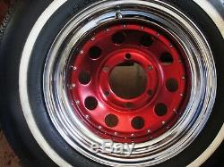 Wheels, Set 4 red chrome & chrome, white wall tires