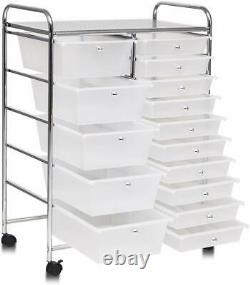 White Frost 15 Drawer Organizer Cart Chrome Rolling Storage Craft Office Utility