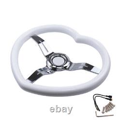 White Heart Style Shaped ABS Hard Wood Steering Wheel Chrome Spoke Universal