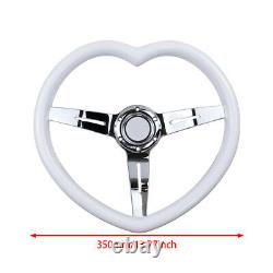White Heart Style Shaped ABS Hard Wood Steering Wheel Chrome Spoke Universal