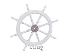 White Ship's Wooden Steering Wheel Large 36 Chrome Center Nautical Wall Decor