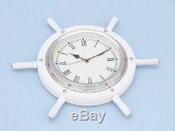 White Wood And Chrome Ship Wheel Clock 15