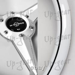 White Wood Grip W-Power 13.75 Chrome 3-Spoke 6-Hole Center Steering Wheel
