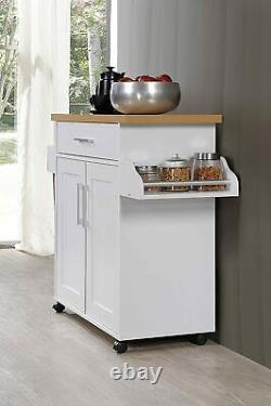 White Wooden Kitchen Island Wheels Cart with Spice/Towel Rack/Drawer/Shelf Cabinet