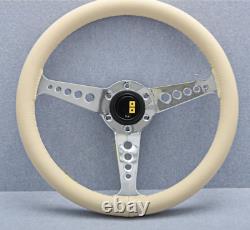 White/beige leather M style Steering Wheel momo horn button, vintage wheel