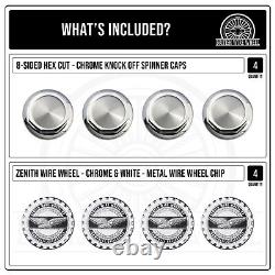 Zenith Chrome & White Metal Wire Wheel Chip Emblems with Spinner Caps, Set of 4