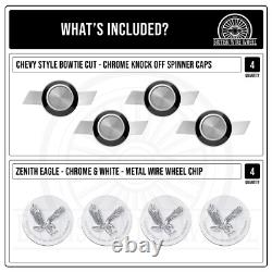 Zenith Eagle Chrome & White Metal Wheel Chip Emblems with Spinner Caps, Set of 4